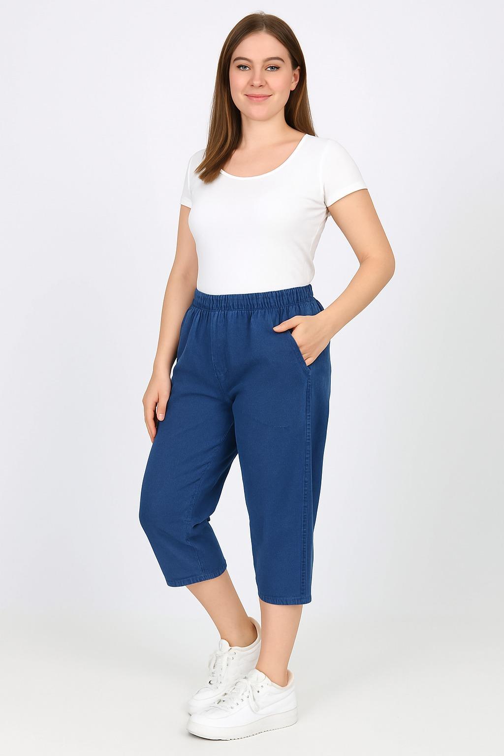 Kadın Rahat Kalıp Lacivert Keten Hambez Kapri – Yazlık Günlük Model