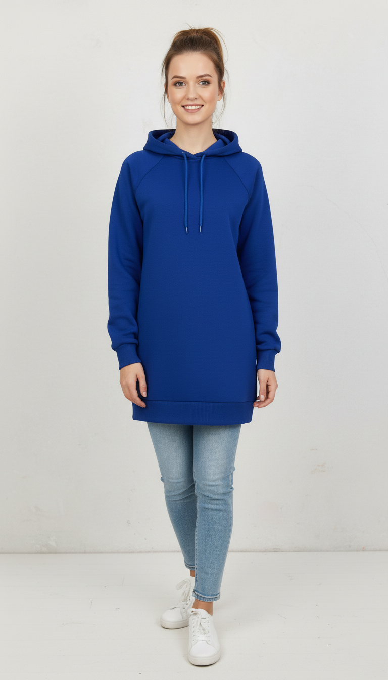 Kadın Saks Mavi Basic Oversize Kapüşonlu Çan Model Sweatshirt