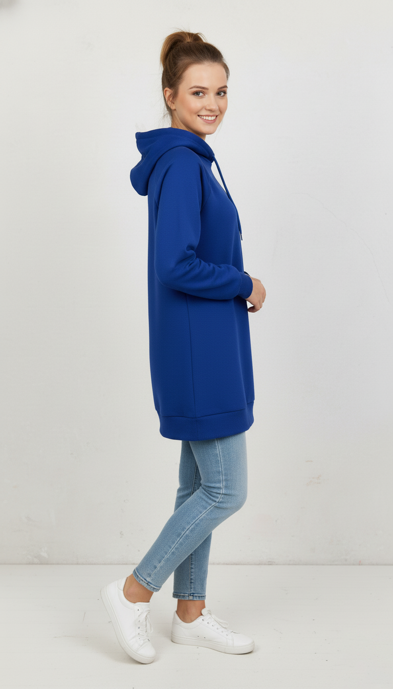 Kadın Saks Mavi Basic Oversize Kapüşonlu Çan Model Sweatshirt