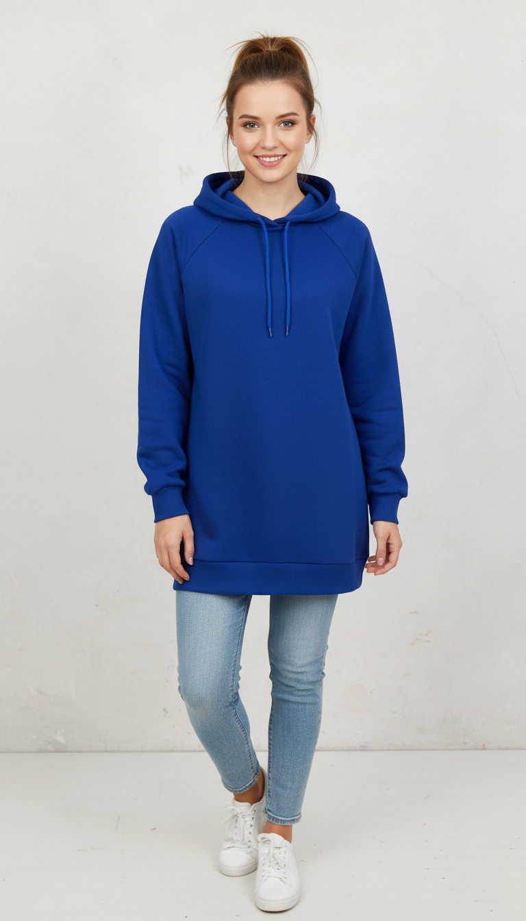 Kadın Saks Mavi Basic Oversize Kapüşonlu Çan Model Sweatshirt
