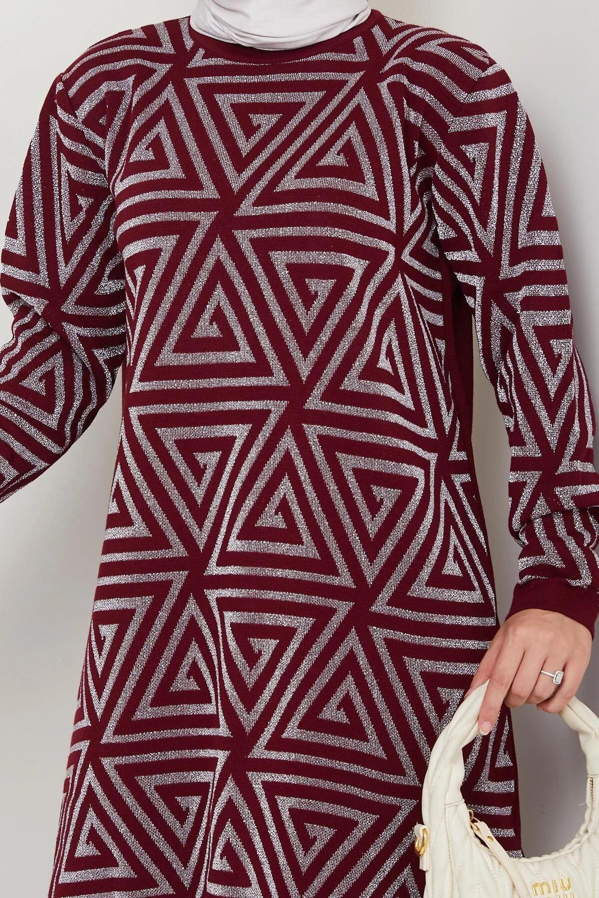 Kadın Salaş Model Geometrik Desenli Tesettür Triko Tunik