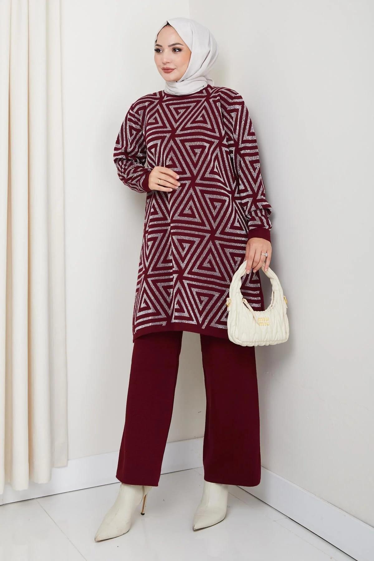 Kadın Salaş Model Geometrik Desenli Tesettür Triko Tunik
