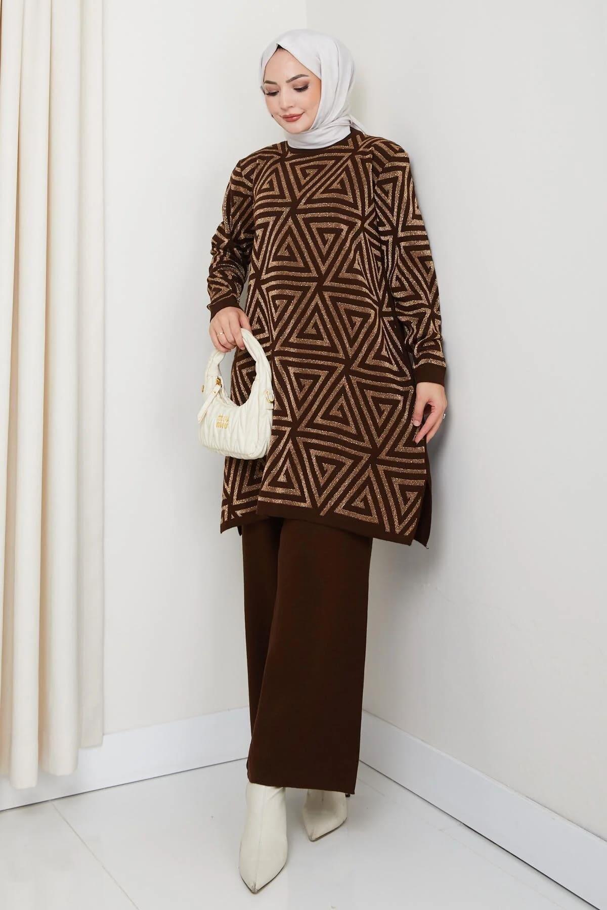 Kadın Salaş Model Geometrik Desenli Tesettür Triko Tunik