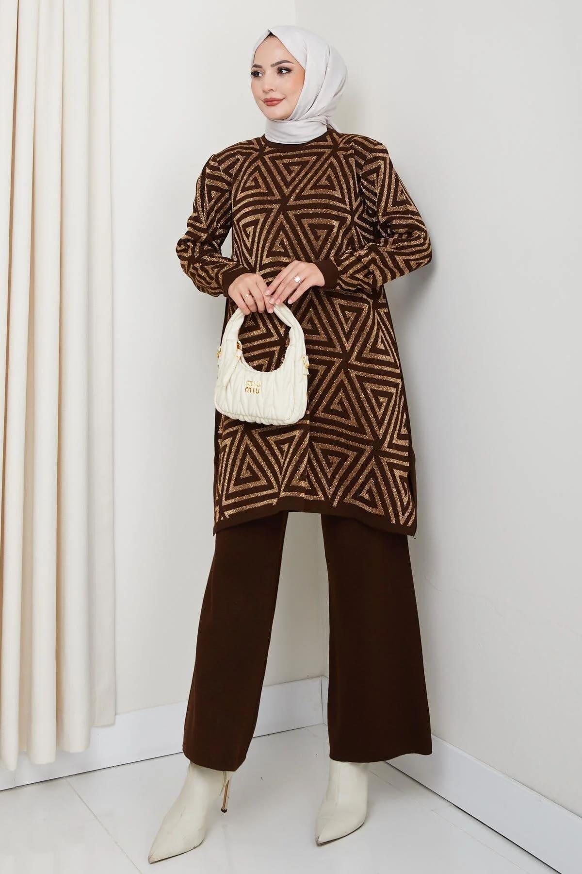 Kadın Salaş Model Geometrik Desenli Tesettür Triko Tunik