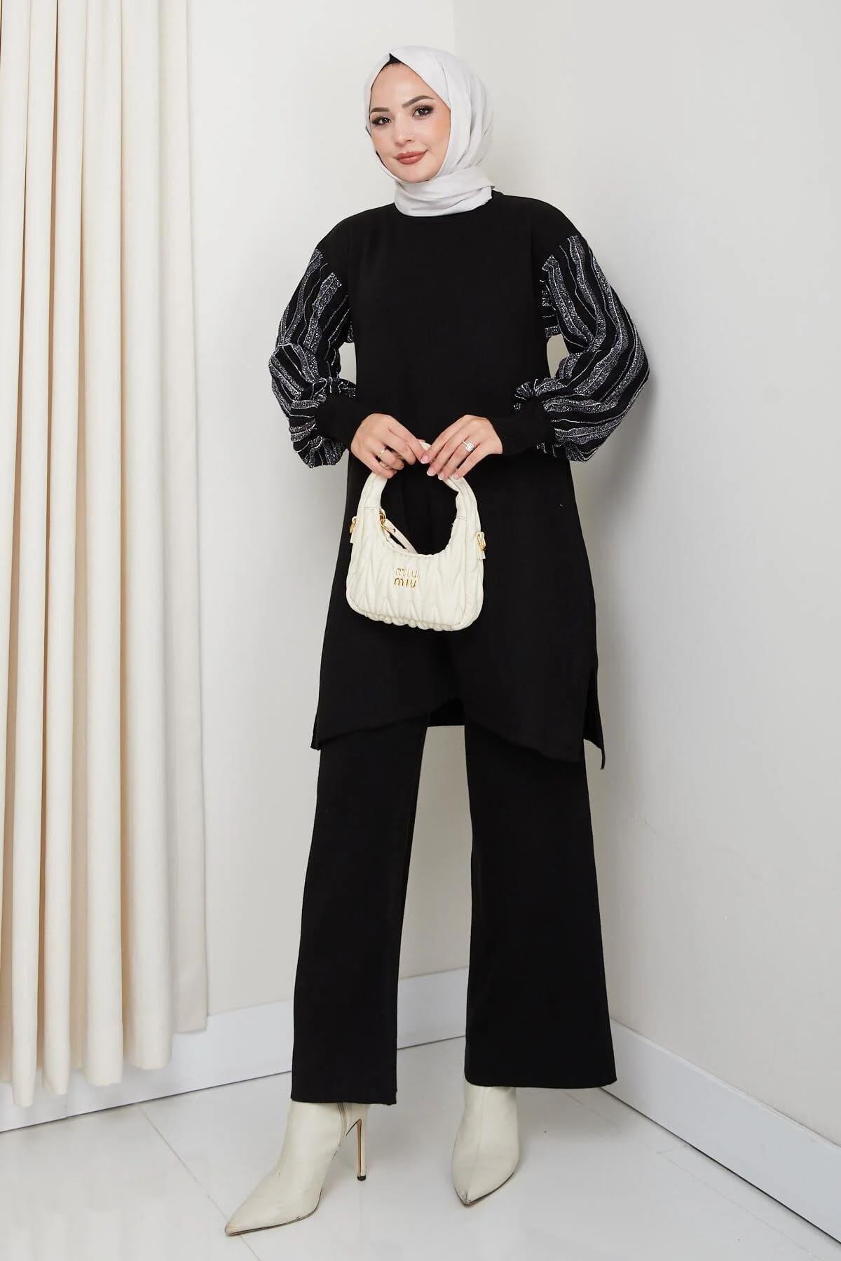 Kadın Salaş Model Kolu Desenli Tesettür Triko Tunik