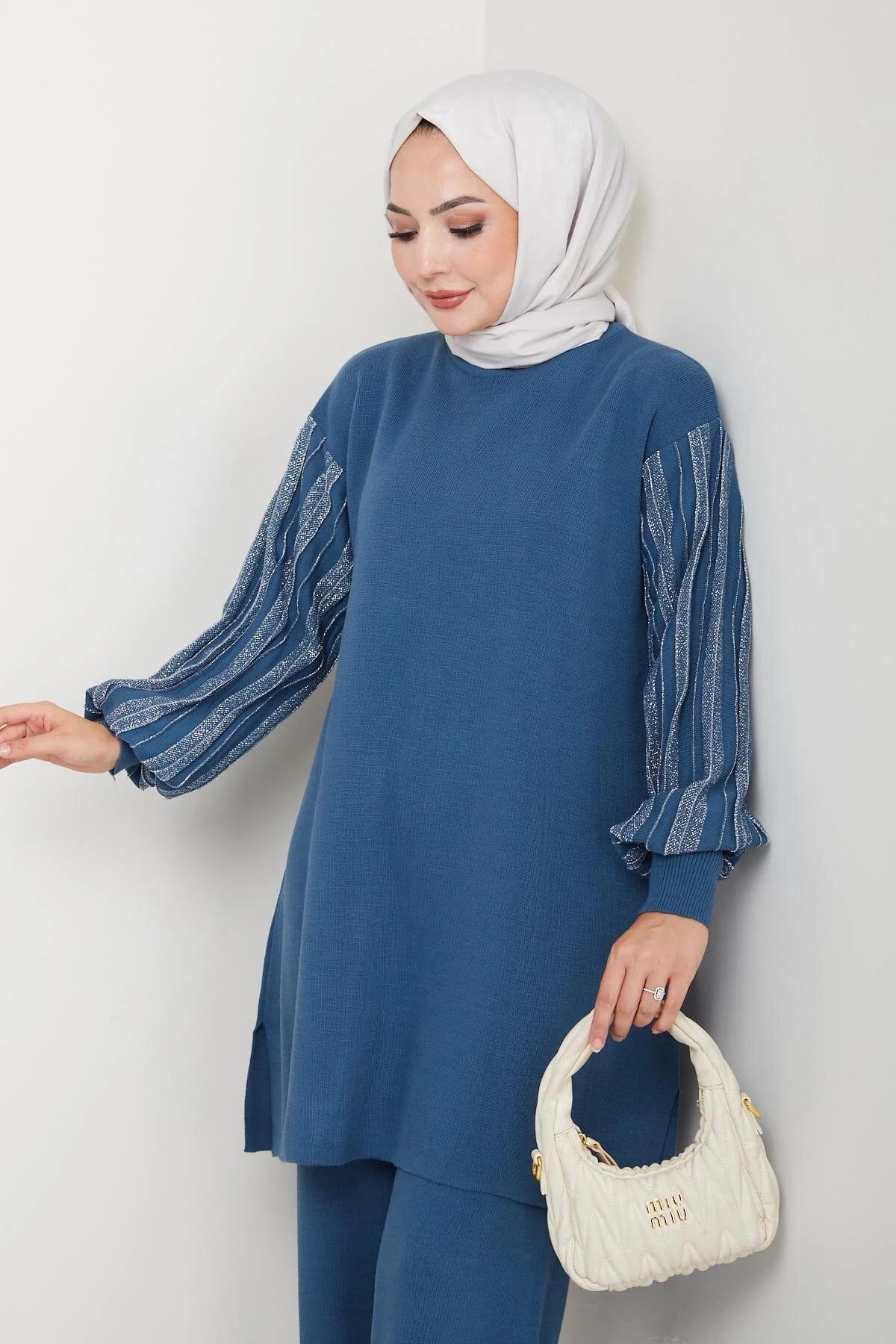 Kadın Salaş Model Kolu Desenli Tesettür Triko Tunik