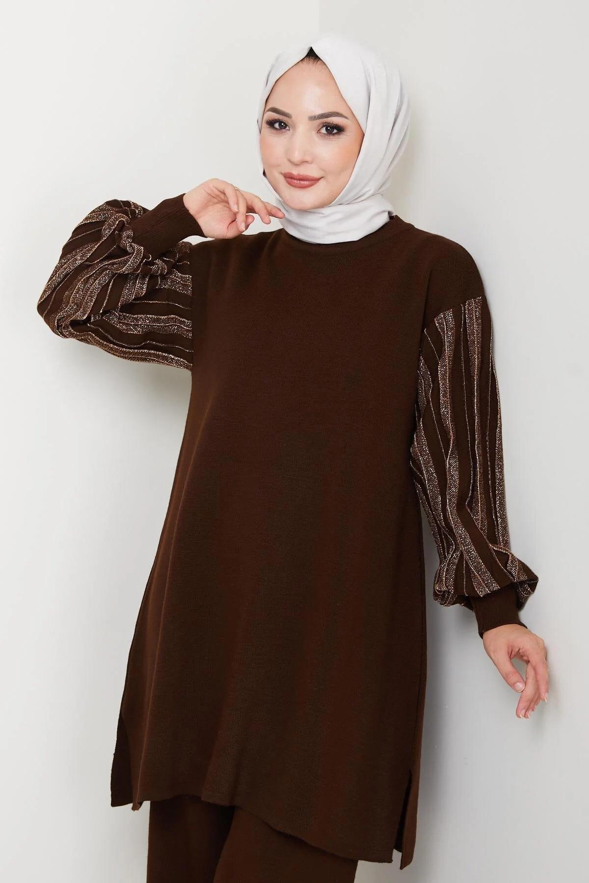 Kadın Salaş Model Kolu Desenli Tesettür Triko Tunik