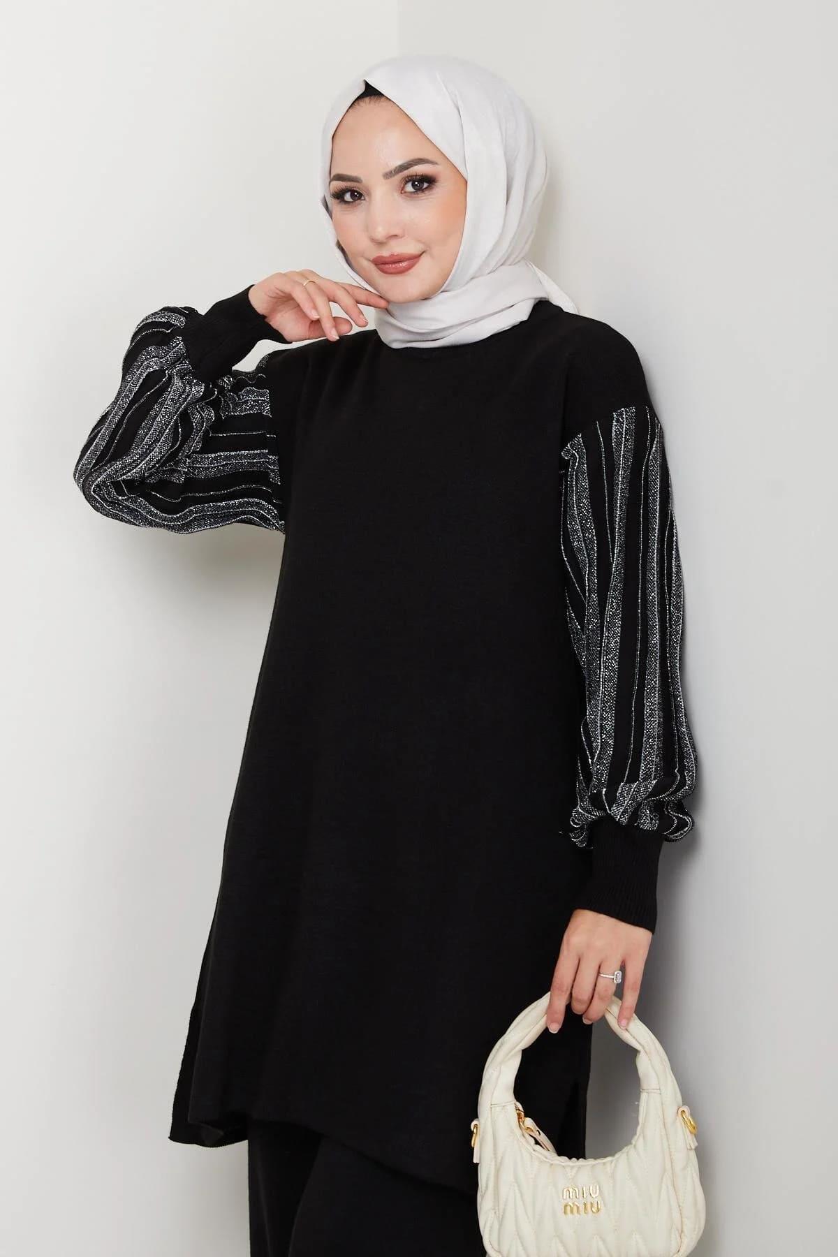 Kadın Salaş Model Kolu Desenli Tesettür Triko Tunik