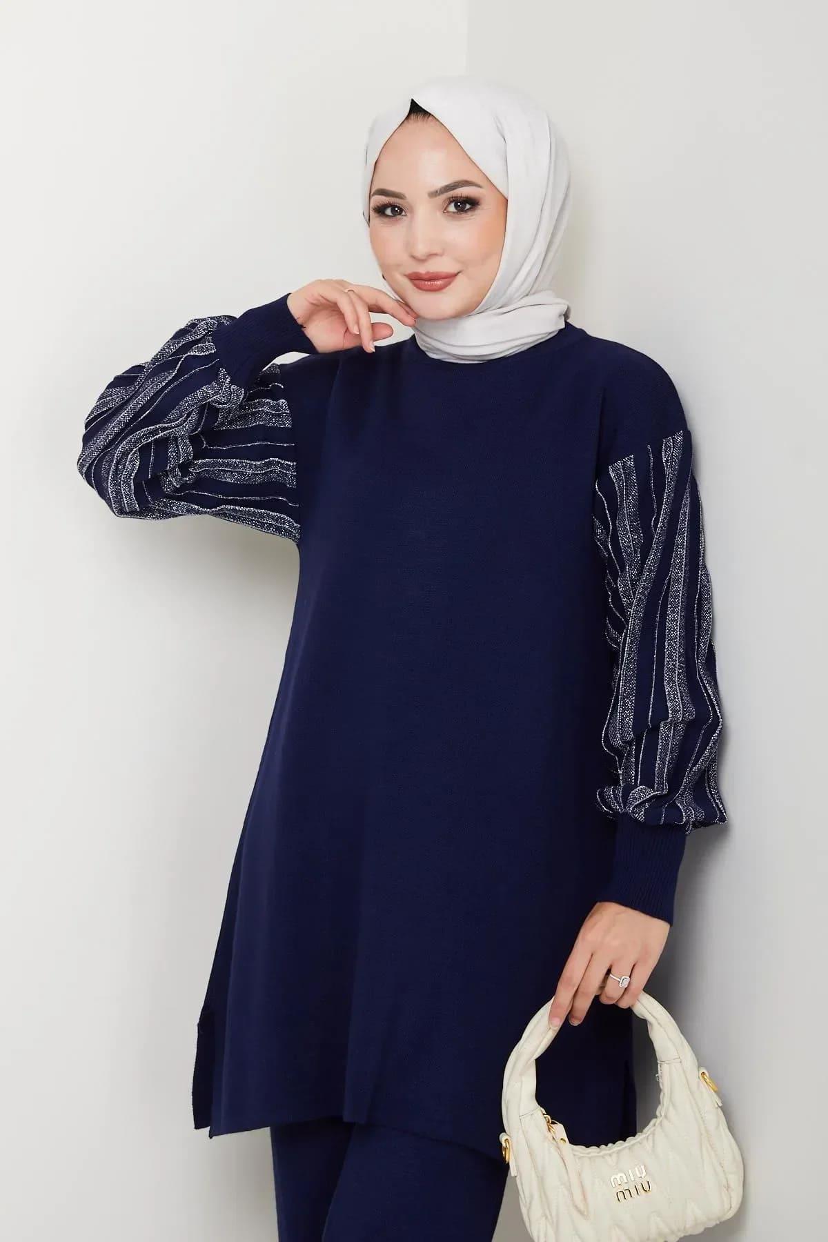 Kadın Salaş Model Kolu Desenli Tesettür Triko Tunik