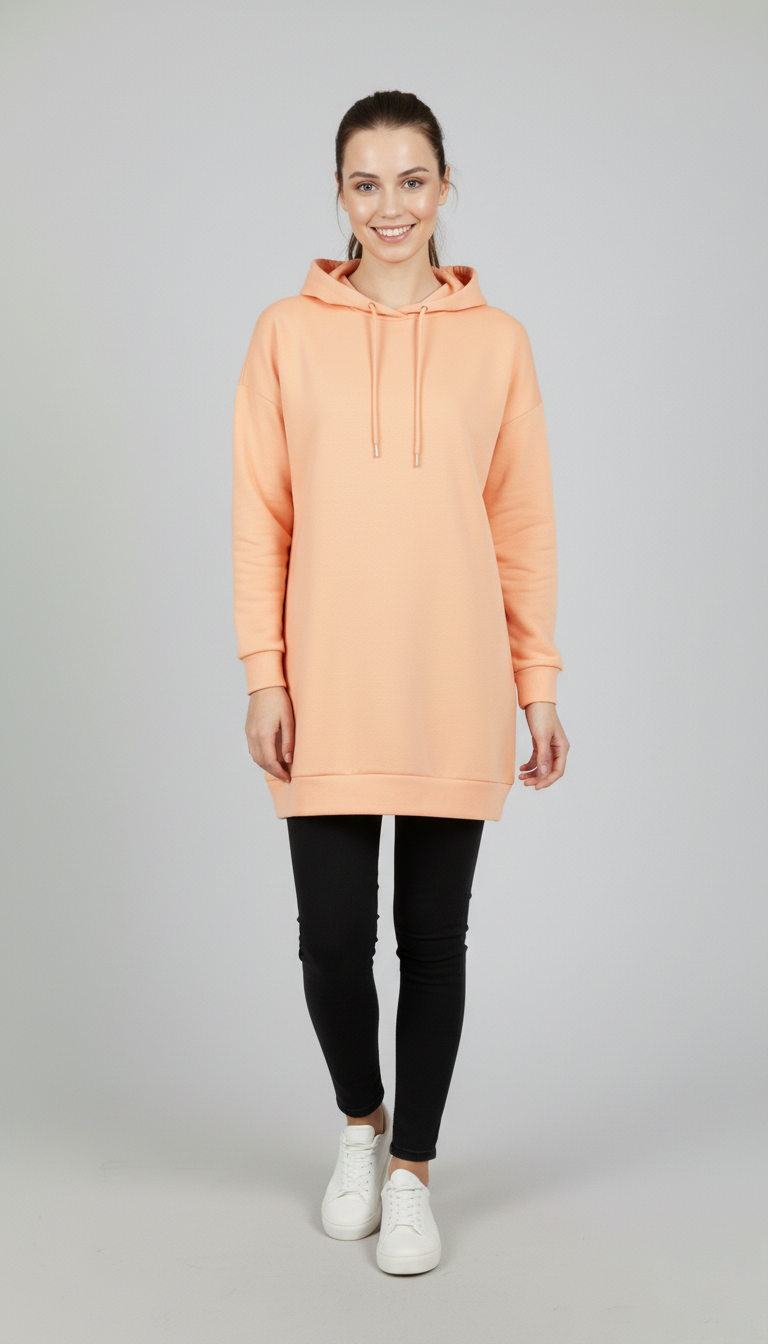 Kadın Şeftali Rengi Basic Oversize Kapüşonlu Çan Model Sweatshirt