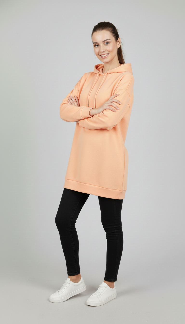 Kadın Şeftali Rengi Basic Oversize Kapüşonlu Çan Model Sweatshirt