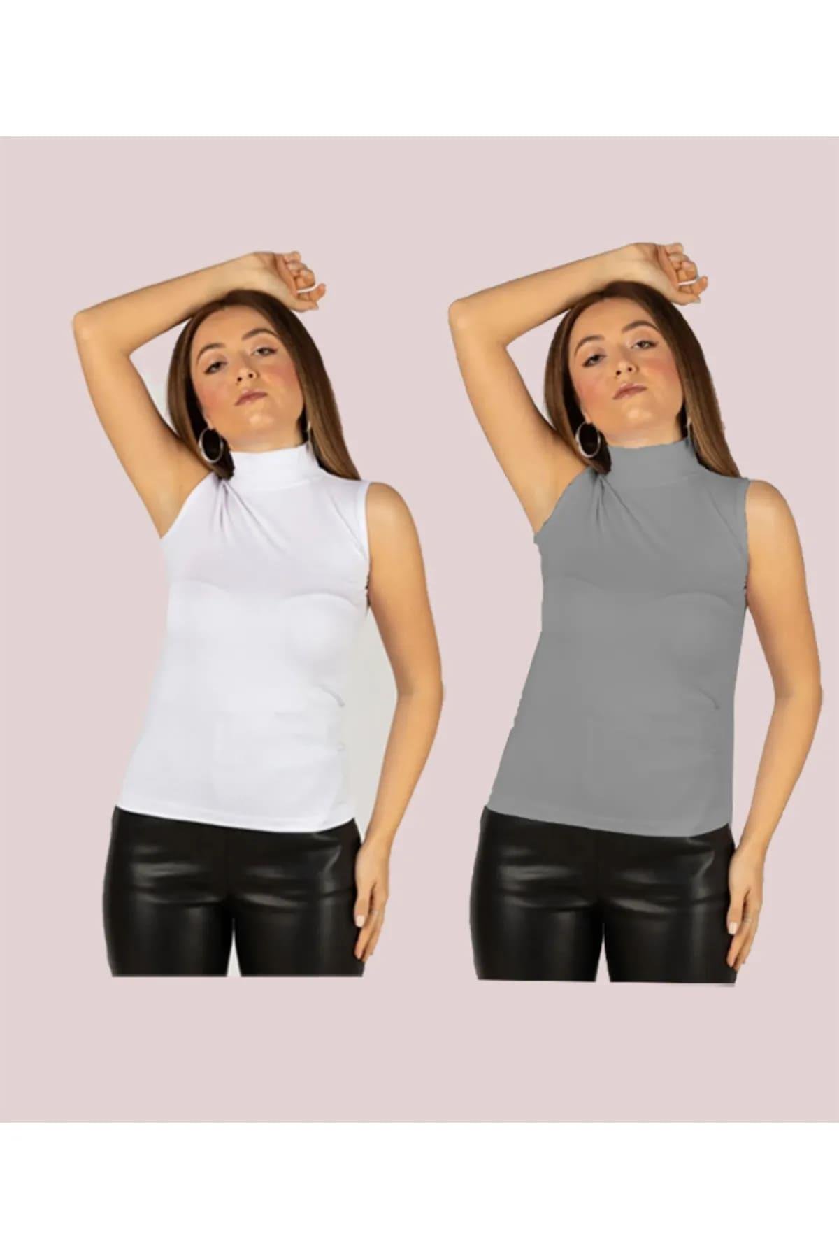 Kadın Sıfır Kol Yarım Balıkçı Likralı Esnek Badi 2li Body (2 Adet)