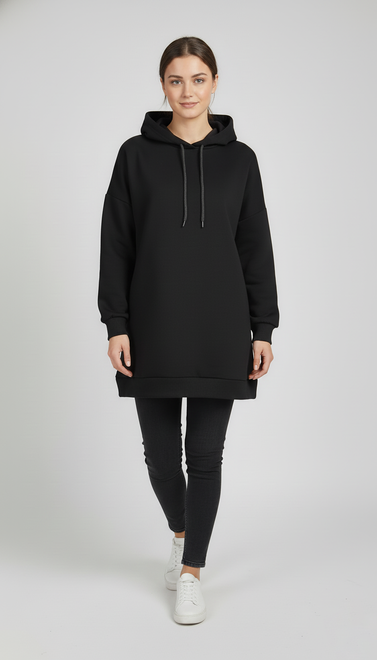 Kadın Siyah Basic Oversize Kapüşonlu Çan Model Sweatshirt