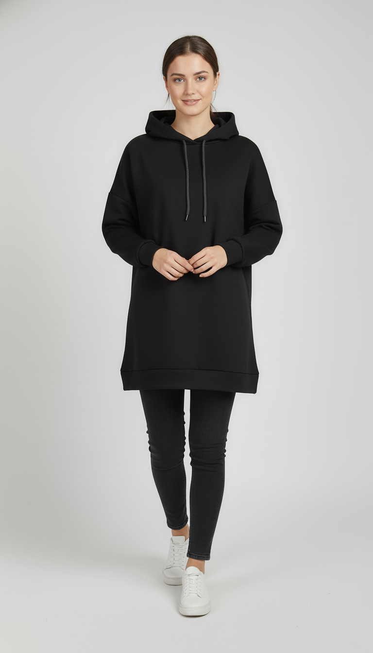 Kadın Siyah Basic Oversize Kapüşonlu Çan Model Sweatshirt