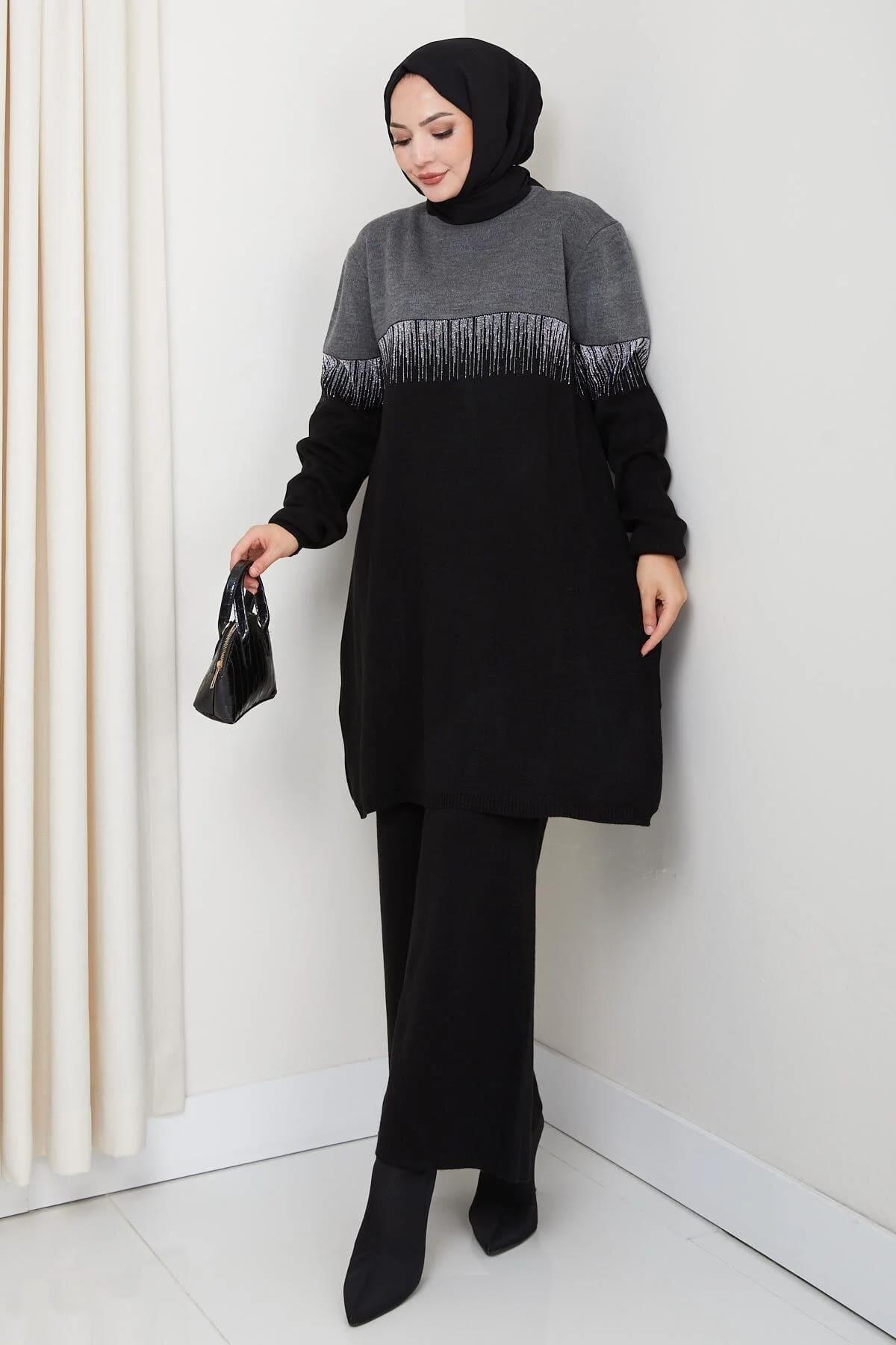 Kadın Simli Desenli Triko Tunik – Uzun Kol Rahat Kalıp