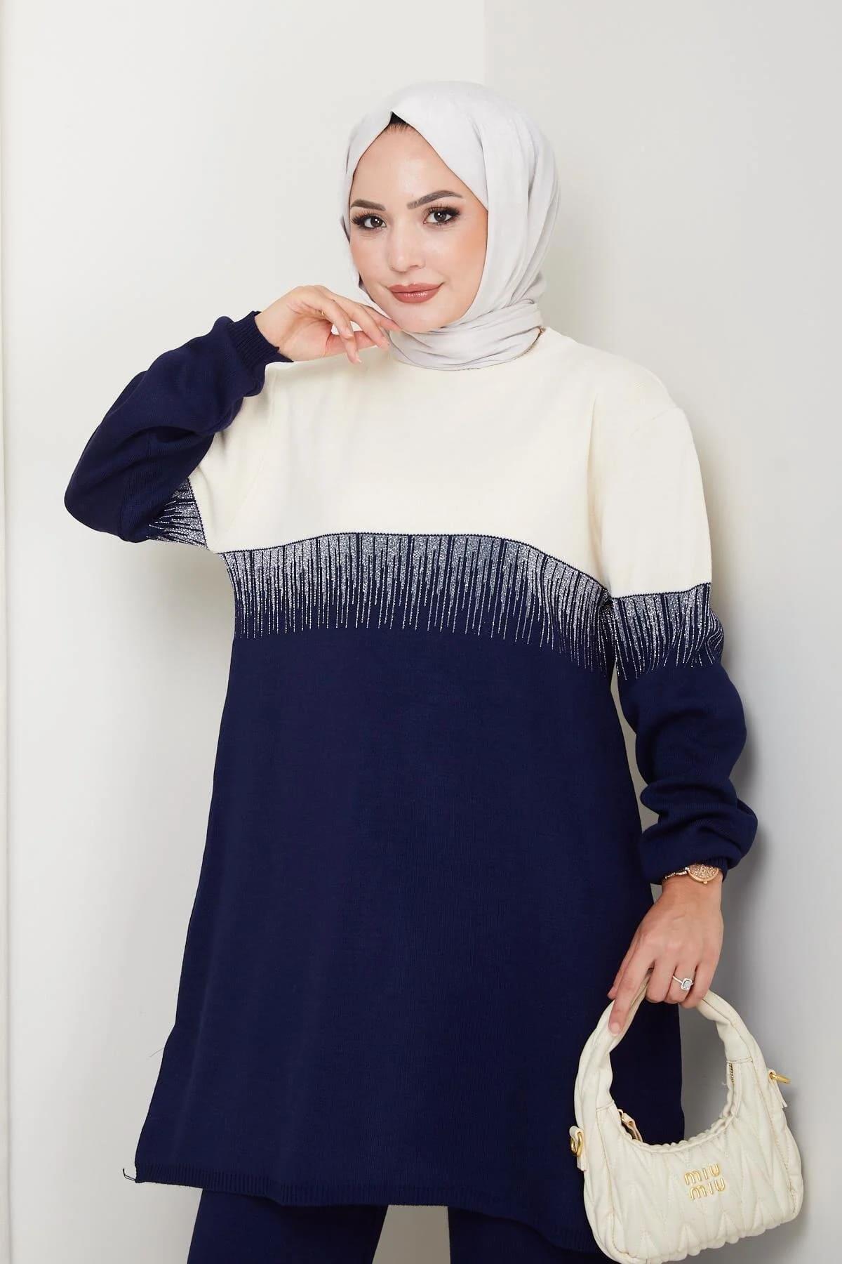 Kadın Simli Desenli Triko Tunik – Uzun Kol Rahat Kalıp