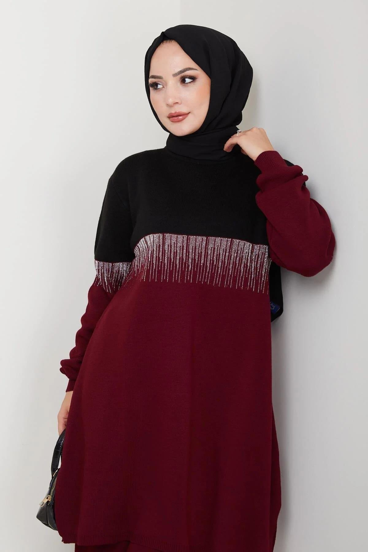 Kadın Simli Desenli Triko Tunik – Uzun Kol Rahat Kalıp