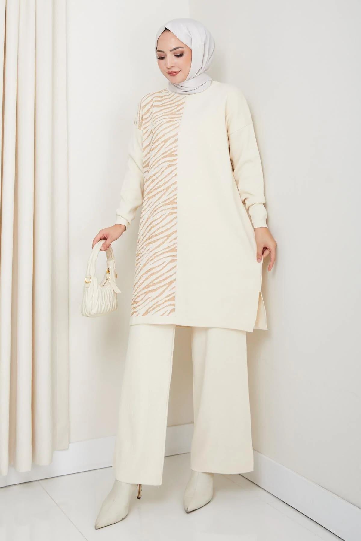 Kadın Taba Zebra Desenli Triko Tunik – Uzun Kol Rahat Kalıp