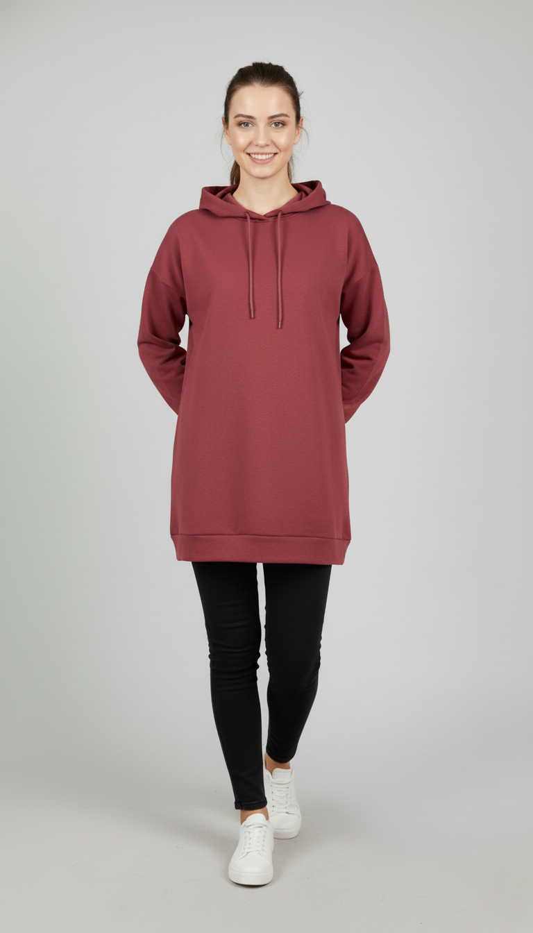 Kadın Vişne Rengi Basic Oversize Kapüşonlu Çan Model Sweatshirt