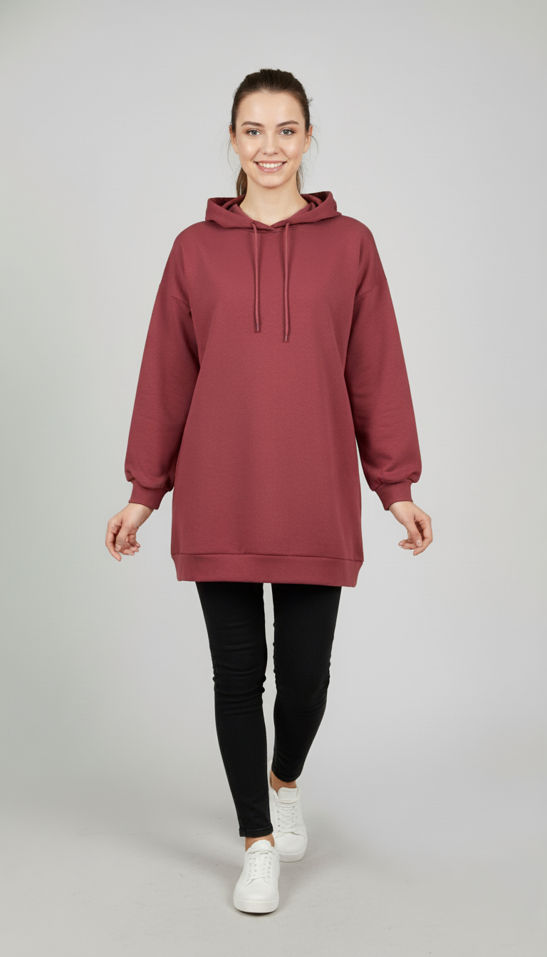 Kadın Vişne Rengi Basic Oversize Kapüşonlu Çan Model Sweatshirt