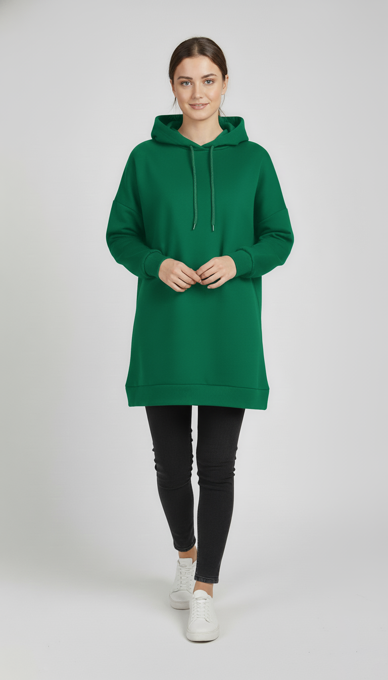 Kadın Yeşil Basic Oversize Kapüşonlu Çan Model Sweatshirt