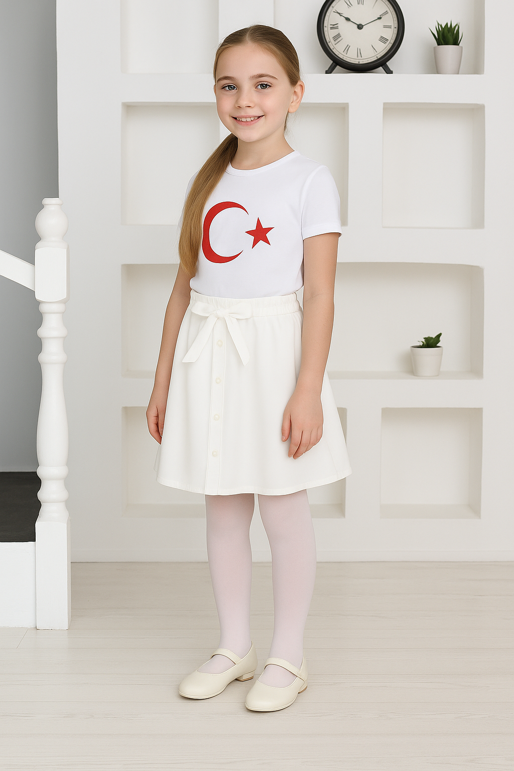 Kız Çocuk Beyaz Boncuk ve Fiyonk Detaylı 23 Nisan 29 Ekim Kloş Gösteri Etek