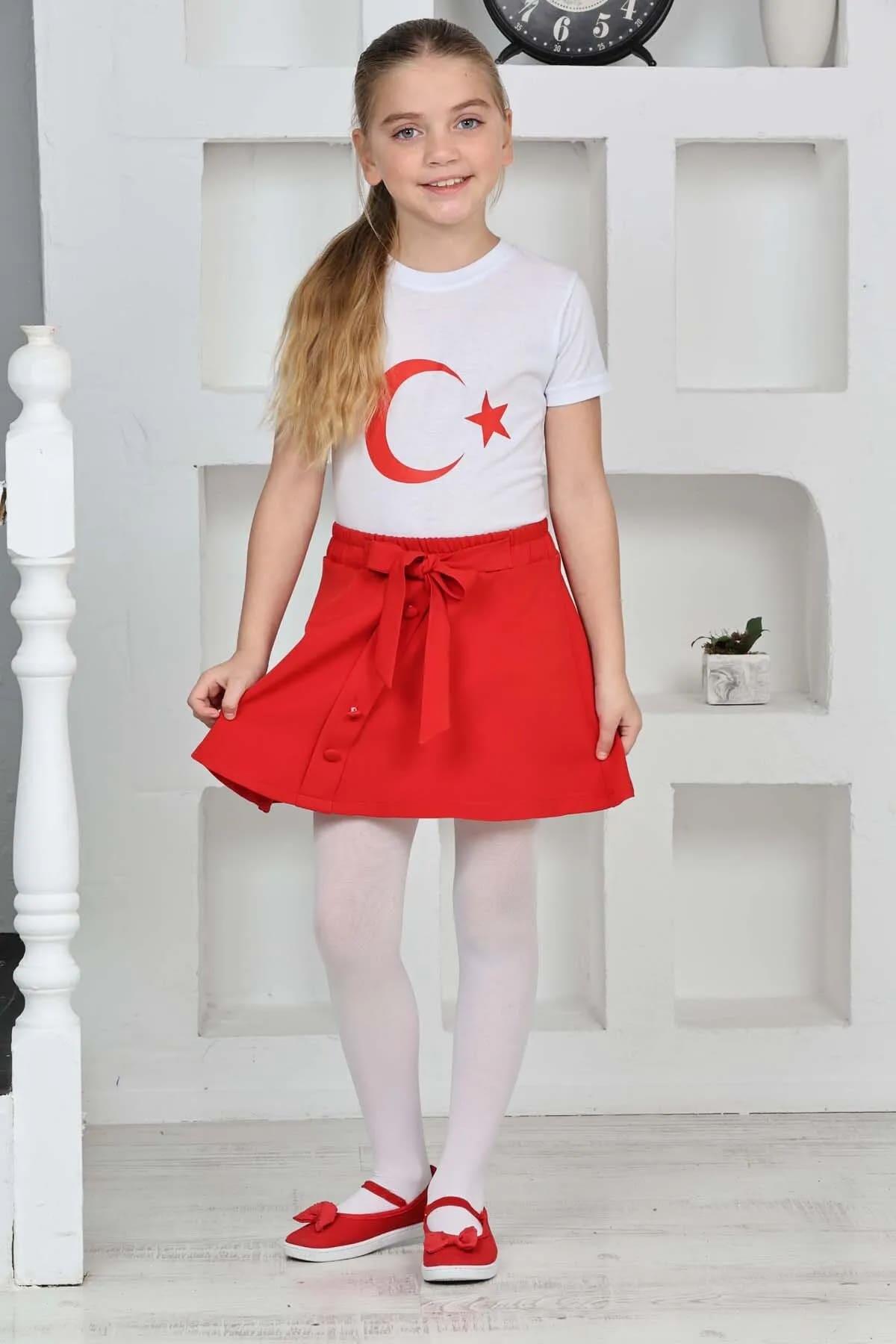 KIZ ÇOCUK FİYONK DETAYLI GÖSTERİ 23 NİSAN 29 EKİM 19 MAYIS GÖSTERİ KIRMIZI KLOŞ ETEK