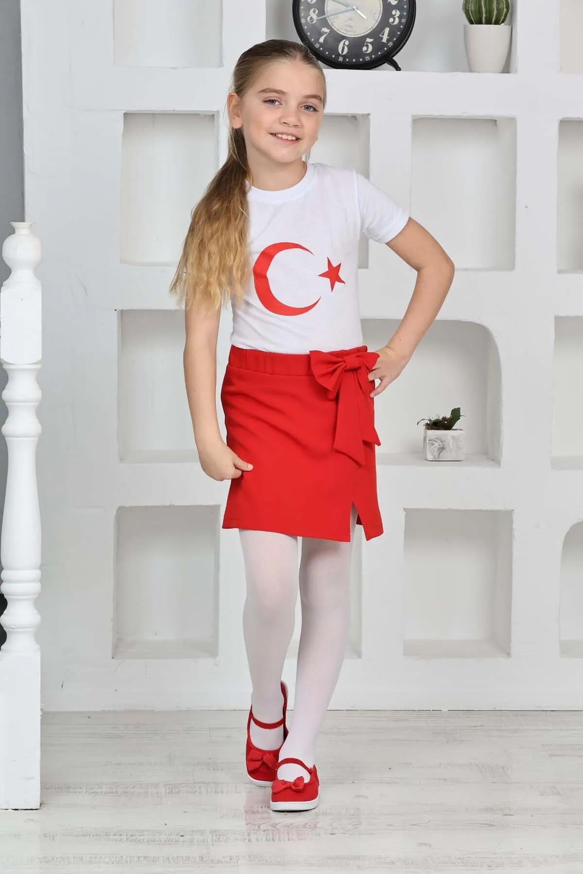Kız Çocuk Fiyonklu Küçük Yırtmaç Detaylı Gösteri 23 Nisan 29 Ekim 19 Mayıs Gösteri Kırmızı Etek
