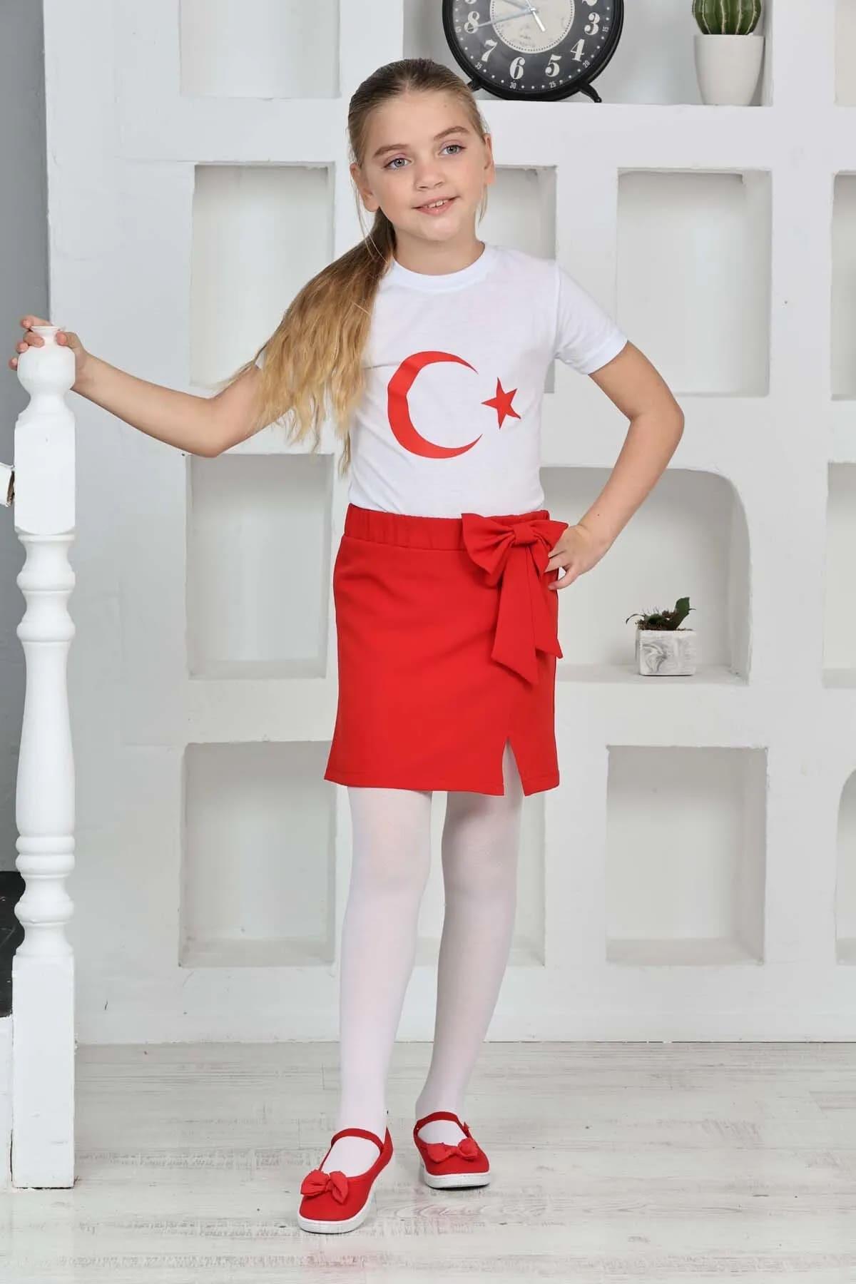 Kız Çocuk Fiyonklu Küçük Yırtmaç Detaylı Gösteri 23 Nisan 29 Ekim 19 Mayıs Gösteri Kırmızı Etek