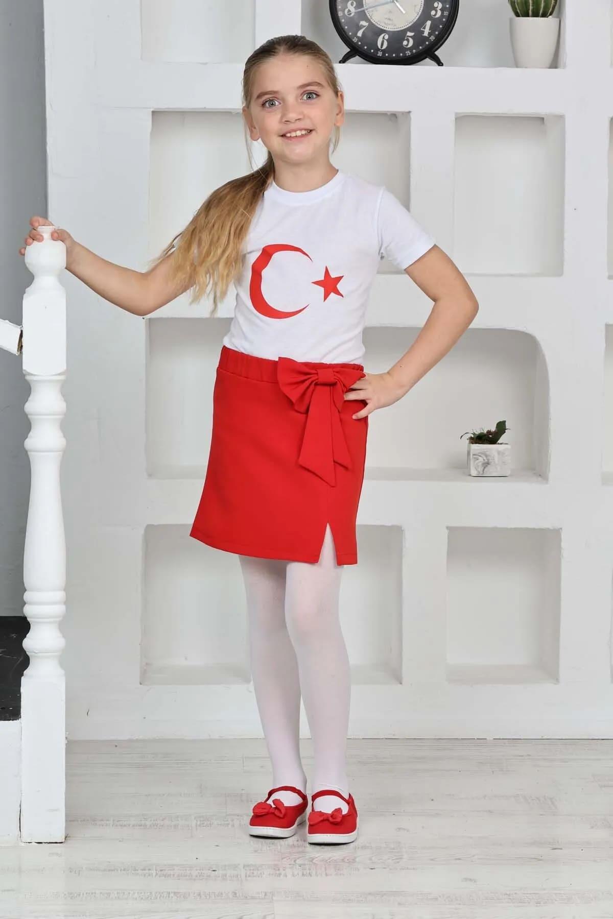 Kız Çocuk Fiyonklu Küçük Yırtmaç Detaylı Gösteri 23 Nisan 29 Ekim 19 Mayıs Gösteri Kırmızı Etek