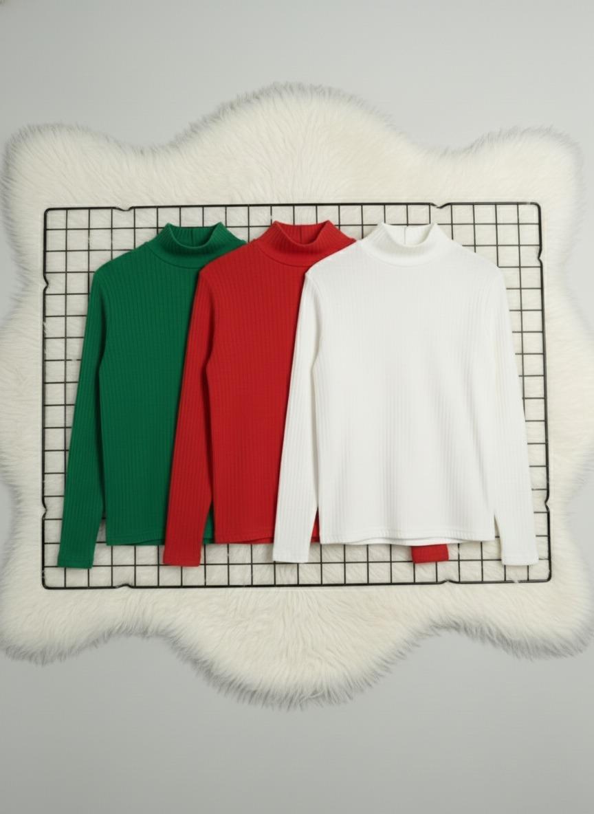 Kız ve Erkek Çocuk 3'lü Paket Kırmızı Yeşil Beyaz Fitilli Yarım Balıkçı Yaka Uzun Kollu Body İçlik