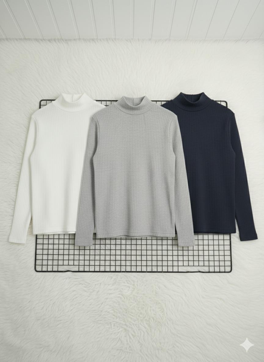 Kız ve Erkek Çocuk 3'lü Paket Siyah Gri Beyaz Fitilli Yarım Balıkçı Yaka Uzun Kollu Body İçlik