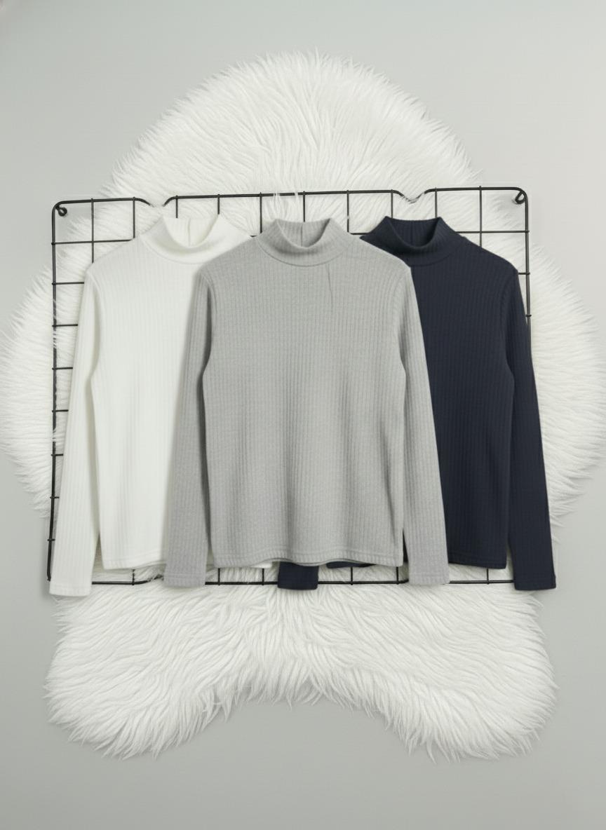 Kız ve Erkek Çocuk 3'lü Paket Beyaz Gri Lacivert Fitilli Yarım Balıkçı Yaka Uzun Kollu Body İçlik