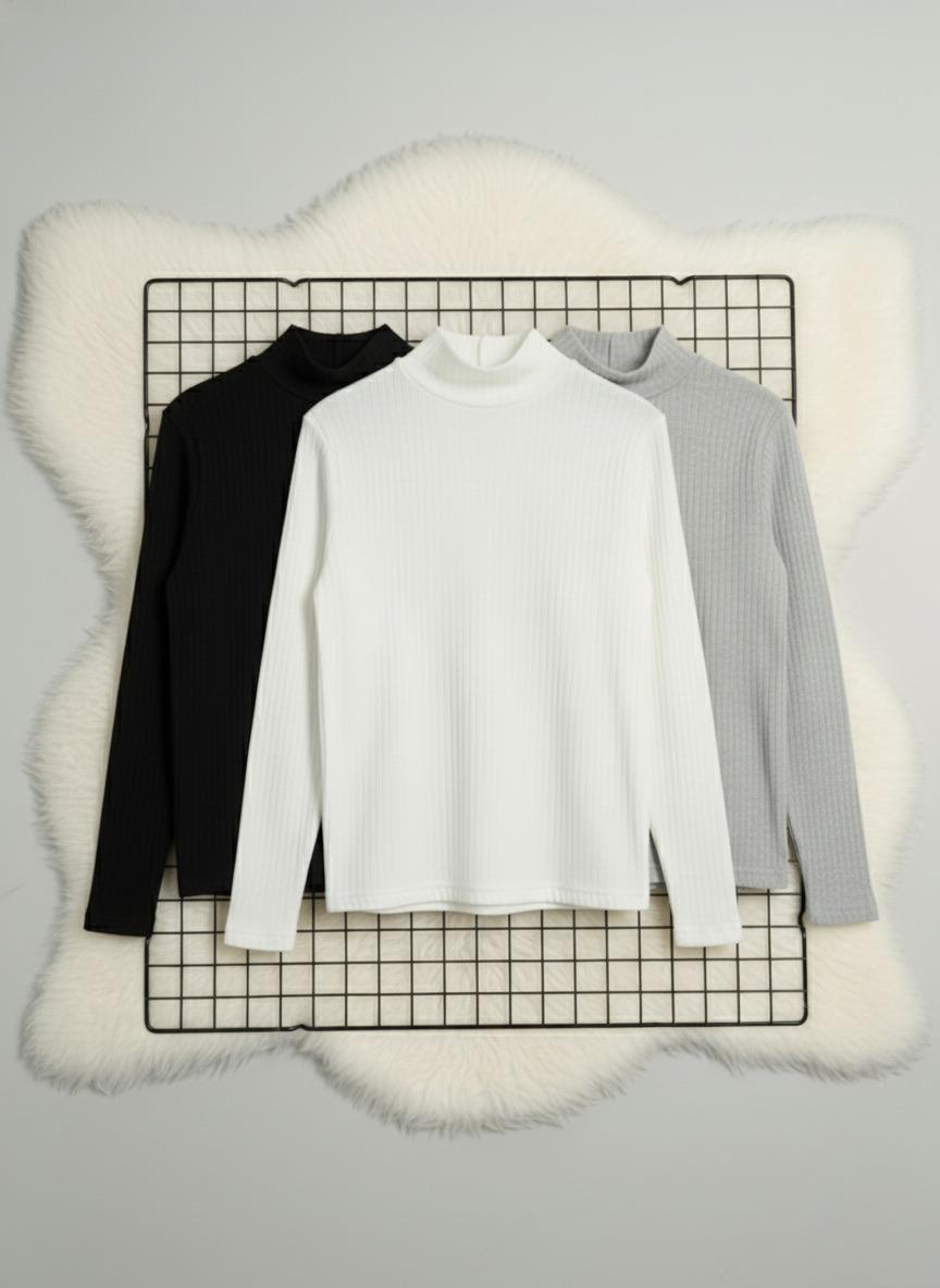 Kız ve Erkek Çocuk 3'lü Paket Siyah Gri Beyaz Fitilli Yarım Balıkçı Yaka Uzun Kollu Body İçlik