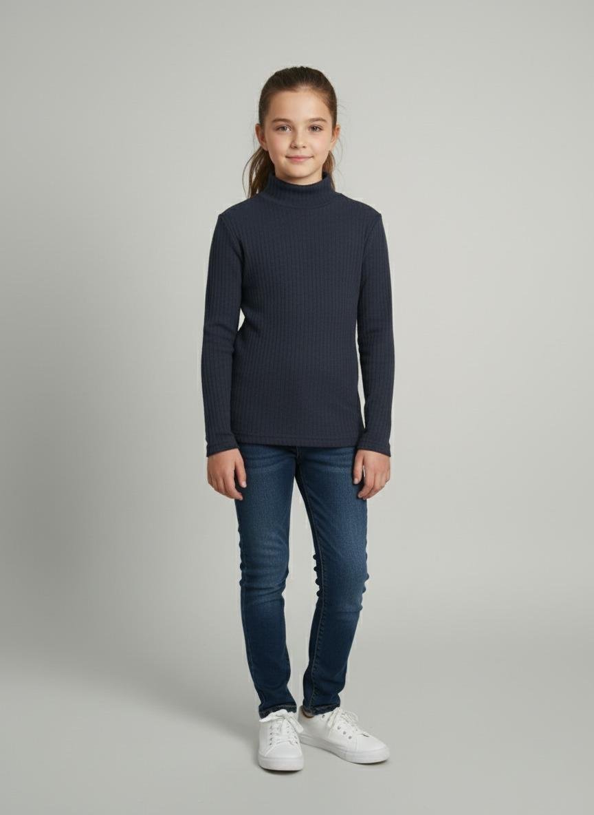 Kız ve Erkek Çocuk Kırmızı Fitilli Yarım Balıkçı Yaka Uzun Kollu Body İçlik