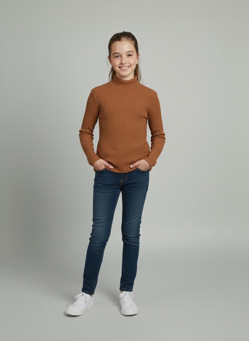 Kız ve Erkek Çocuk Kırmızı Fitilli Yarım Balıkçı Yaka Uzun Kollu Body İçlik