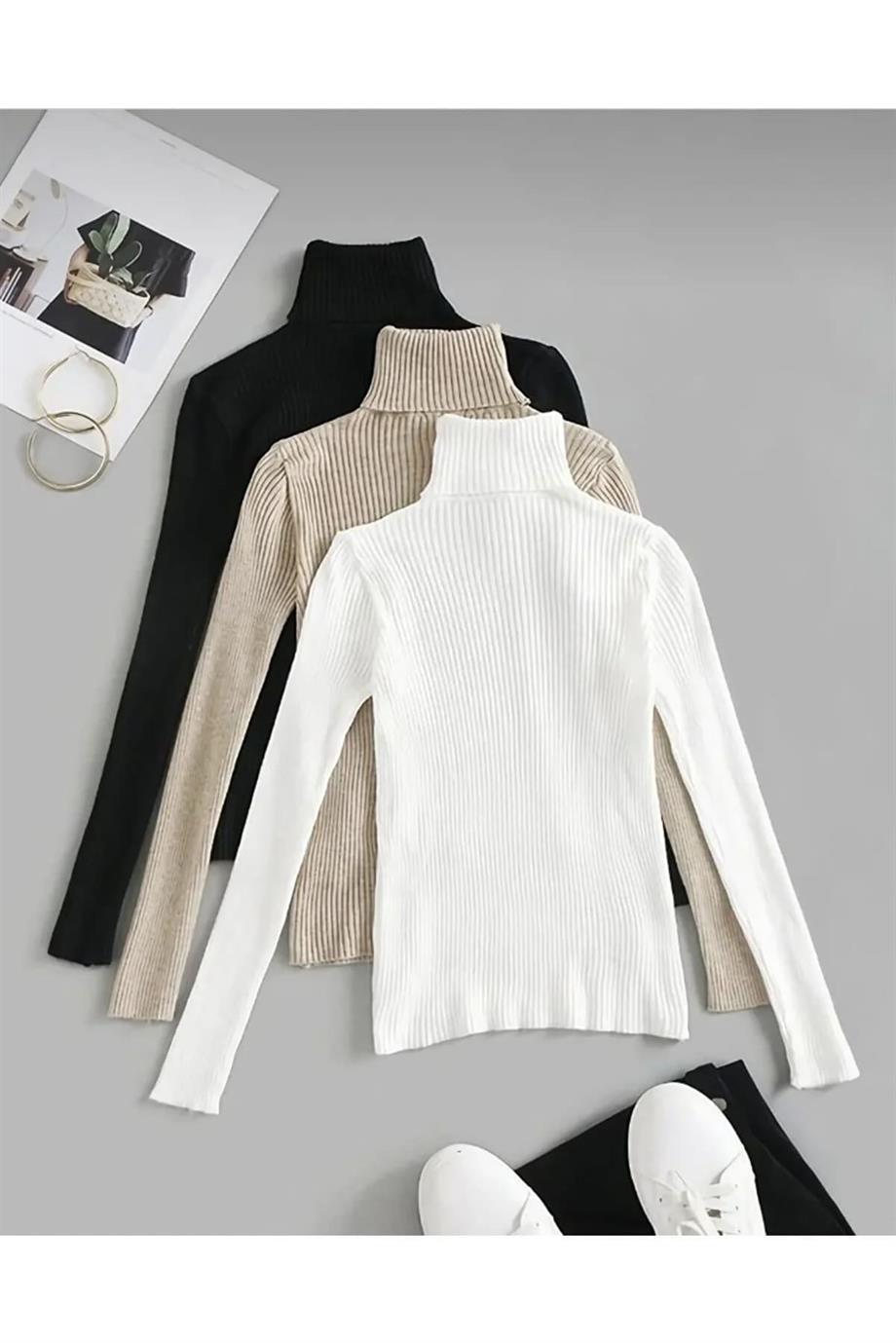 Unisex 3’lü Paket Bej Siyah Beyaz Pamuklu Balıkçı Yaka Kaşkorse Şardonlu Slimfit Boğazlı Kazak