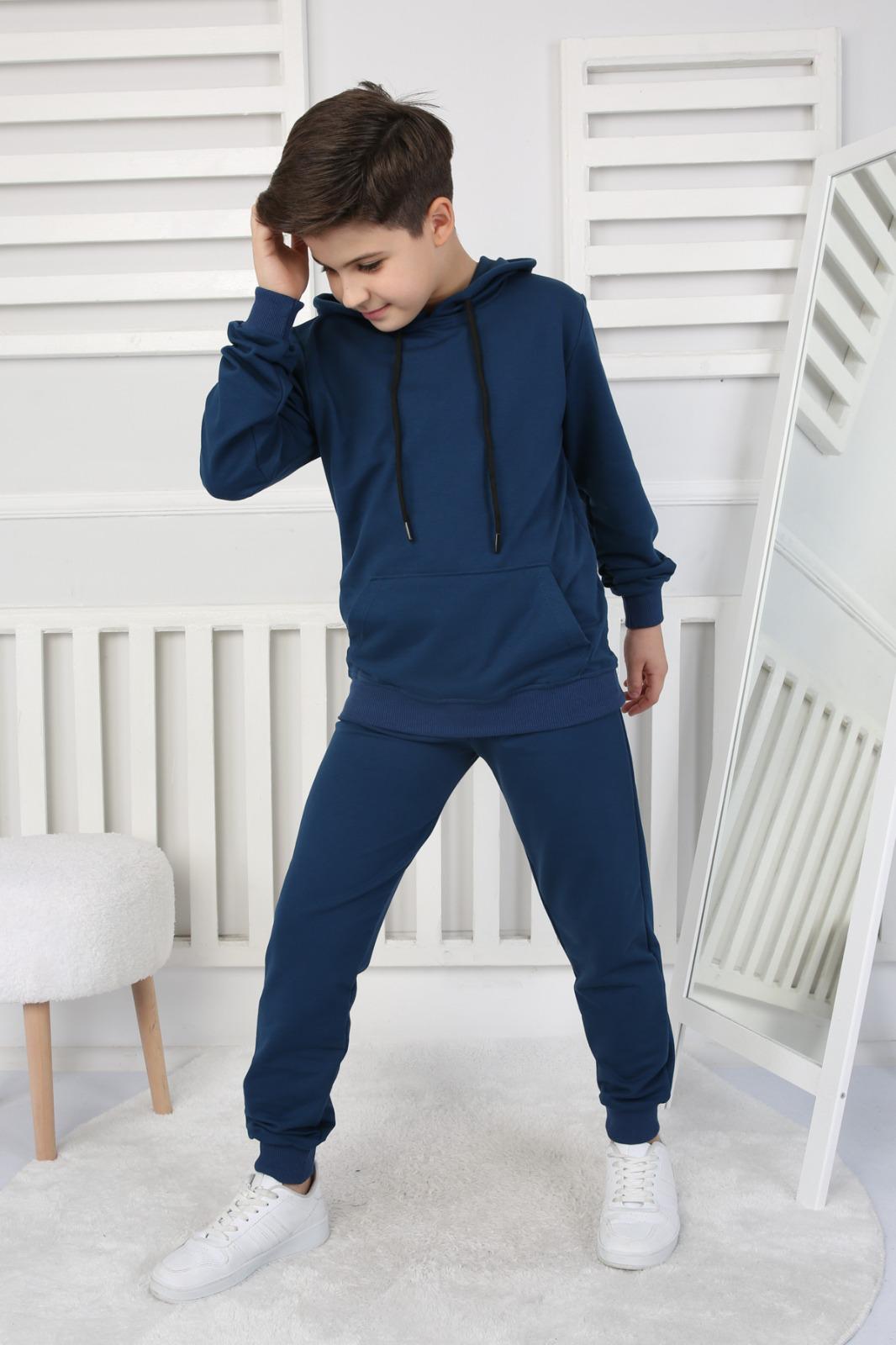 UNISEX ÇOCUK BASIC LACİVERT RENK KANGURU CEP RAHAT KALIP KAPÜŞONLU SWEATSHIRT -EŞOFMAN ALT TAKIM