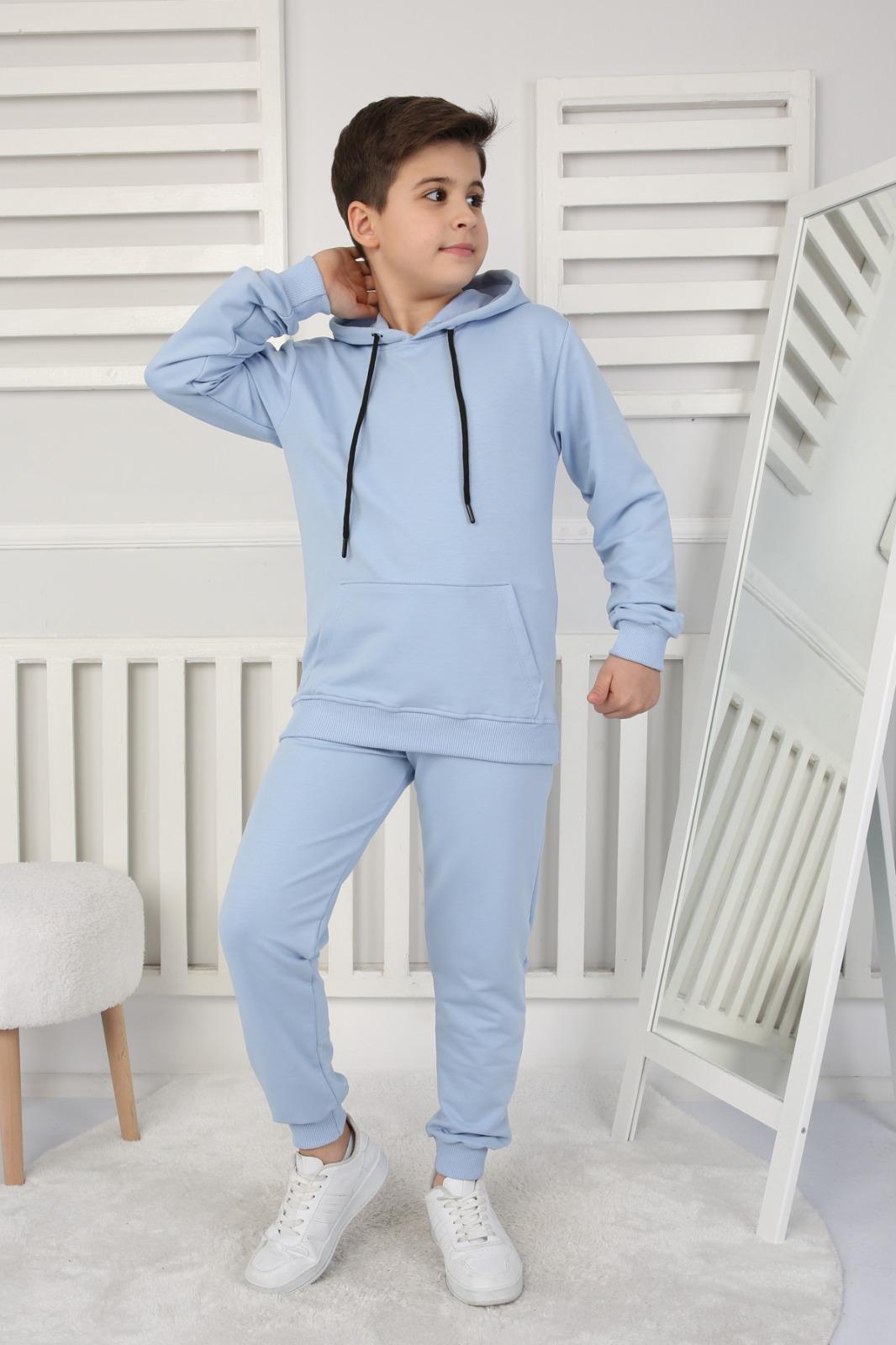 UNISEX ÇOCUK BASIC BEBE MAVİSİ RENK KANGURU CEP RAHAT KALIP KAPÜŞONLU SWEATSHIRT -EŞOFMAN ALT TAKIM