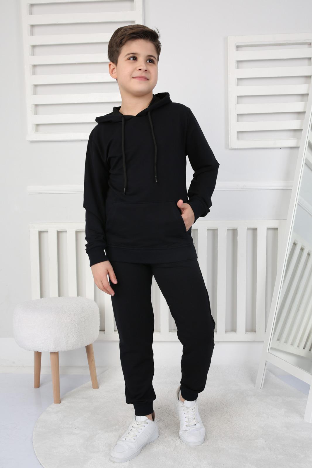 UNISEX ÇOCUK BASIC SİYAH RENK KANGURU CEP RAHAT KALIP KAPÜŞONLU SWEATSHIRT -EŞOFMAN ALT TAKIM