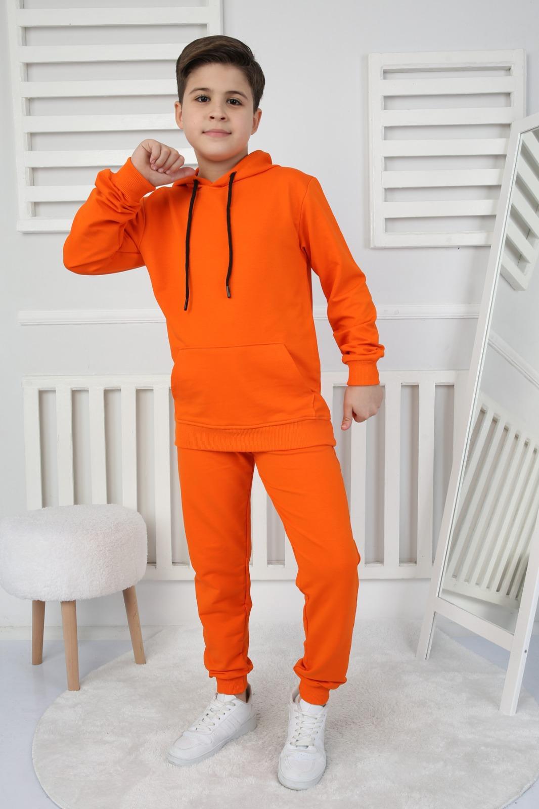UNISEX ÇOCUK BASIC TURUNCU RENK KANGURU CEP RAHAT KALIP KAPÜŞONLU SWEATSHIRT -EŞOFMAN ALT TAKIM