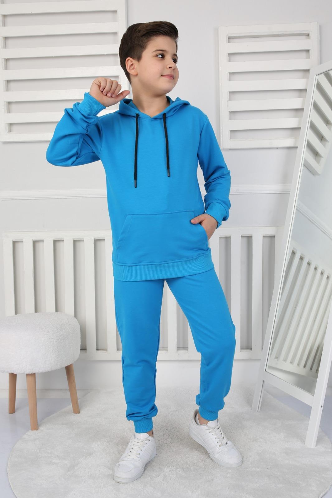 UNISEX ÇOCUK BASIC MAVİ RENK KANGURU CEP RAHAT KALIP KAPÜŞONLU SWEATSHIRT