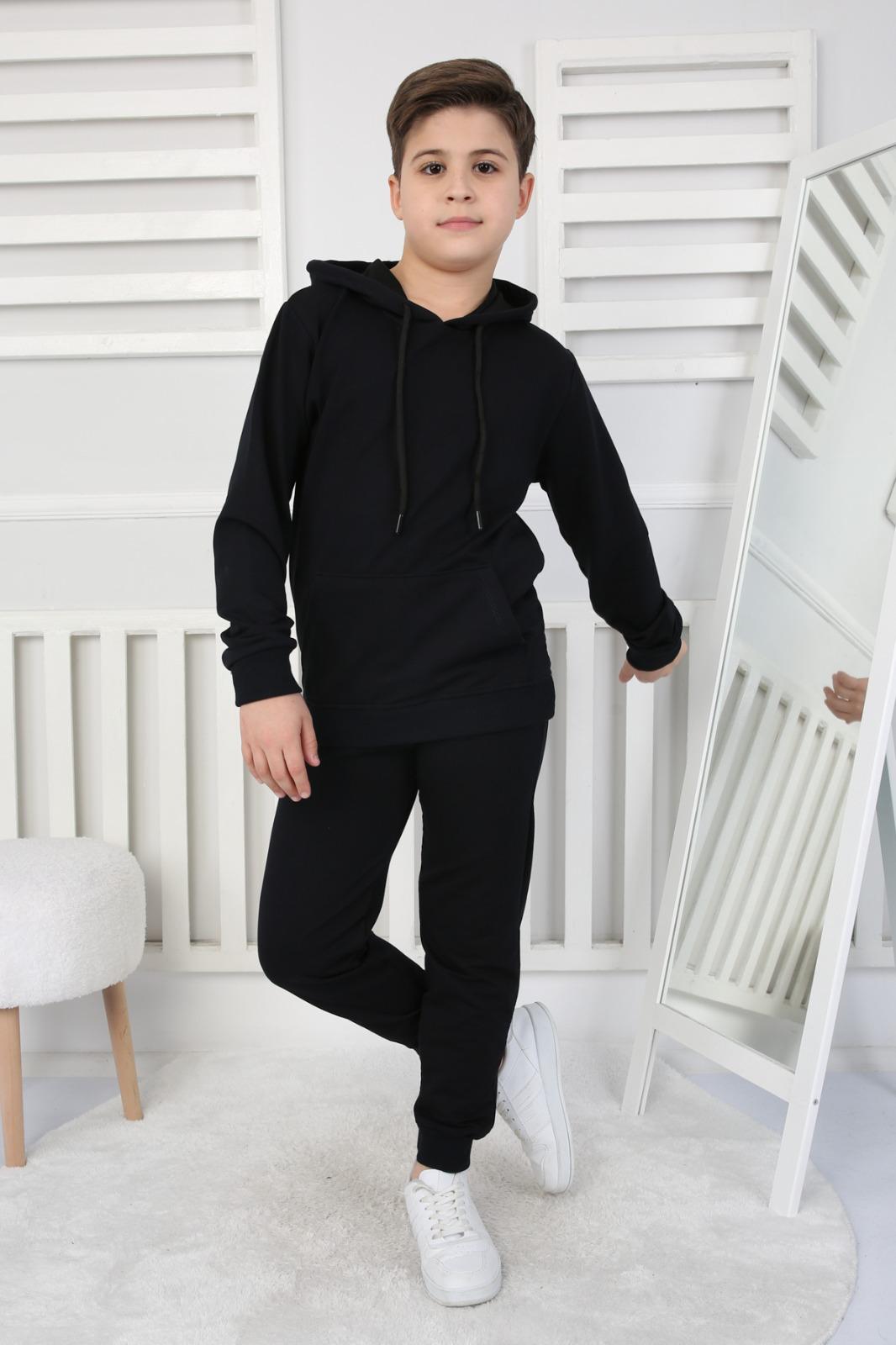 UNISEX ÇOCUK BASIC SİYAH RENK KANGURU CEP RAHAT KALIP KAPÜŞONLU SWEATSHIRT