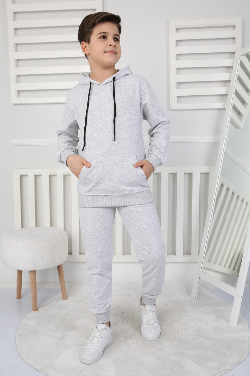 UNISEX ÇOCUK BASIC GRİ RENK KANGURU CEP RAHAT KALIP KAPÜŞONLU SWEATSHIRT -EŞOFMAN ALT TAKIM