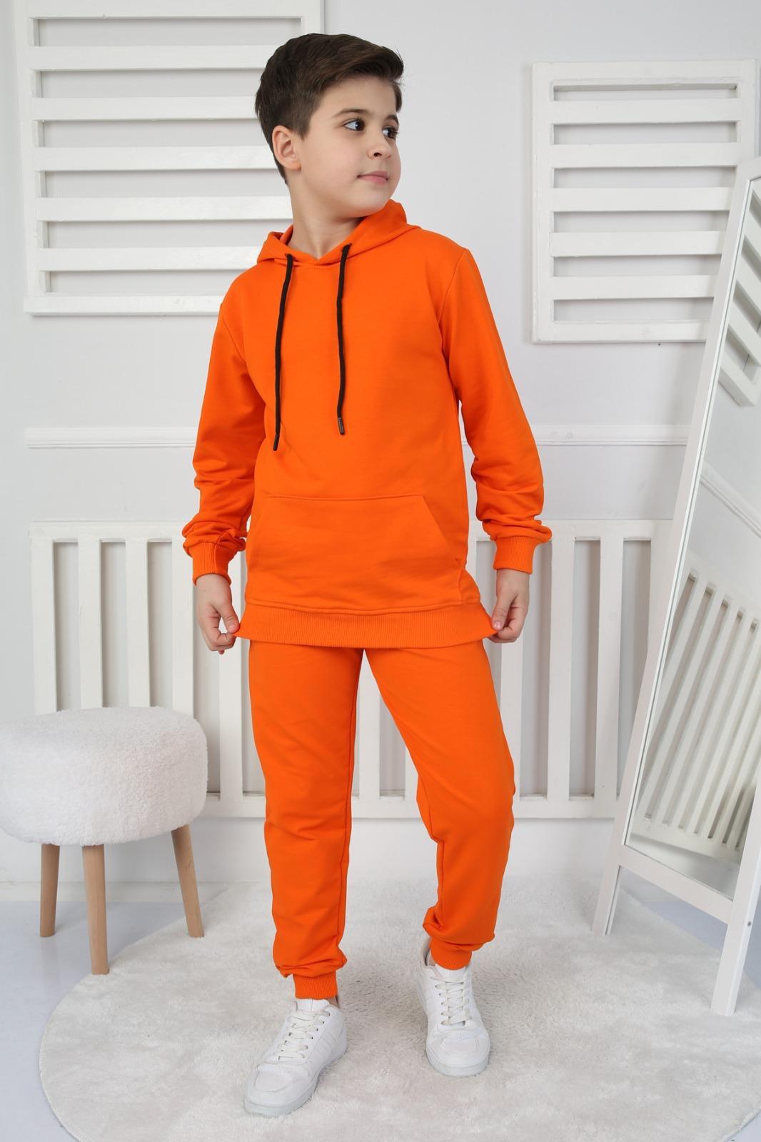UNISEX ÇOCUK BASIC TURUNCU RENK KANGURU CEP RAHAT KALIP KAPÜŞONLU SWEATSHIRT -EŞOFMAN ALT TAKIM