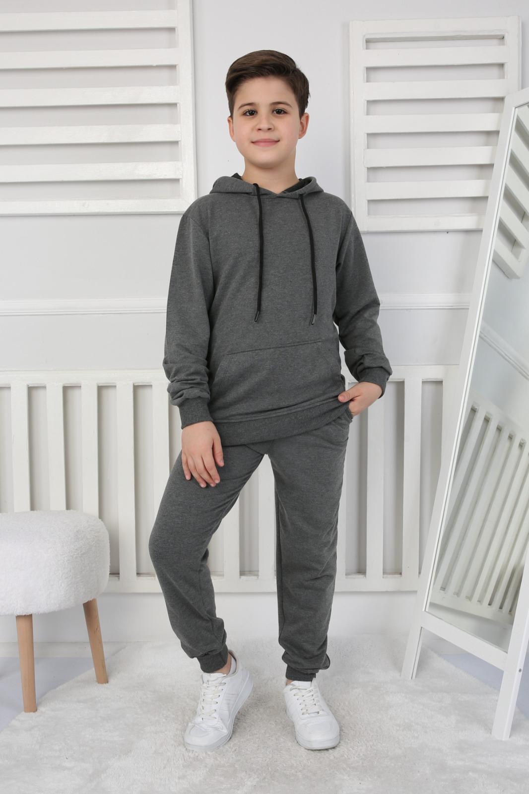 UNISEX ÇOCUK BASIC FÜME RENK KANGURU CEP RAHAT KALIP KAPÜŞONLU SWEATSHIRT