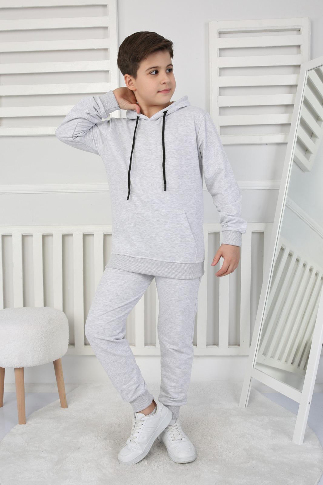 UNISEX ÇOCUK BASIC GRİ RENK KANGURU CEP RAHAT KALIP KAPÜŞONLU SWEATSHIRT -EŞOFMAN ALT TAKIM