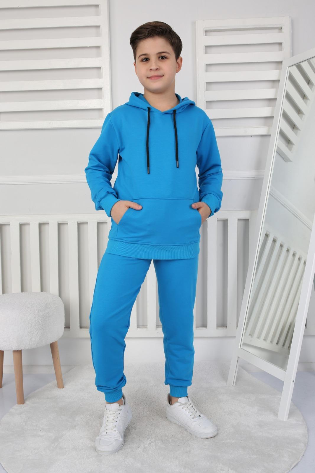 UNISEX ÇOCUK BASIC MAVİ RENK KANGURU CEP RAHAT KALIP KAPÜŞONLU SWEATSHIRT