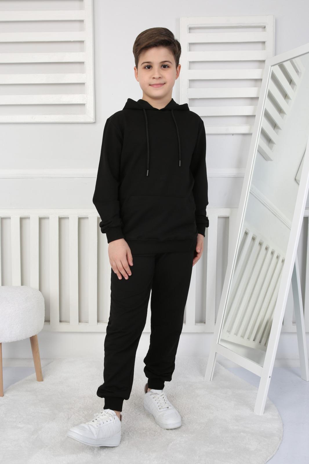 UNISEX ÇOCUK BASIC SİYAH RENK KANGURU CEP RAHAT KALIP KAPÜŞONLU SWEATSHIRT
