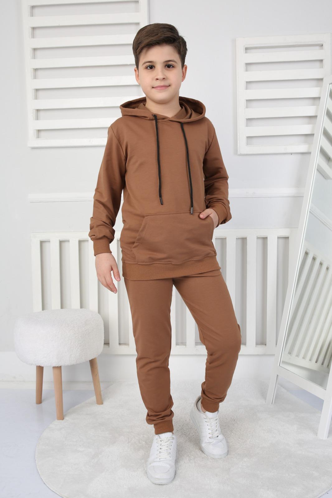 UNISEX ÇOCUK BASIC CAMEL RENK KANGURU CEP RAHAT KALIP KAPÜŞONLU SWEATSHIRT